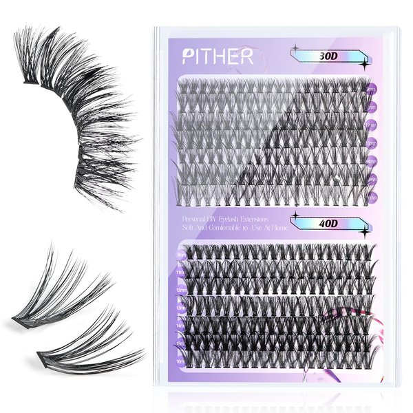 Lash Clusters, PITHER 280PCS 0.07MM Individual Lashes Extension Natural 30D 40D D Curl Mix 9-16mm Wispy Self Application False Eyelash Clusters Super Thin Band Soft
