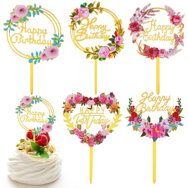 Dimeho 10 Pcs Happy Birthday Cake Toppers Glitter Golden Cake Top Decoration Acrylic Cupcake Banner Sticks Pastry Flower Sign Various for Party Anniversary Supplies