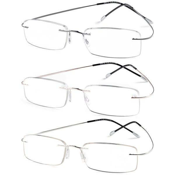 Specs Flexible Rimless Reading Glasses (Shiny Dark Gunmetal, Shiny Silver and Gold) +2.00 Pack of 3