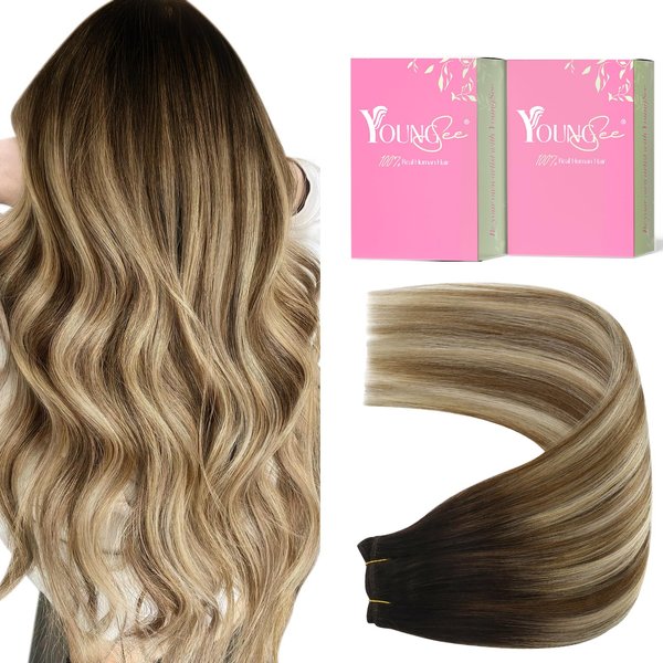 YoungSee Sew in Hair Extensions Real Human Hair Balayage Weft Extensions Human Hair Dark Brown Roots Blending into Medium Brown with Warm Blonde Highlights Sew in Real Hair Extensions 100G 22Inch