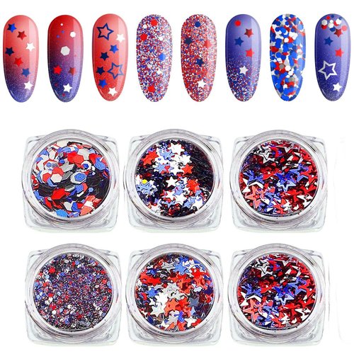 6 Boxes Independence Day Star Glitter 4th of July Nail Art Sequins Holographic Nail Decals Mixed Star Hollow Hexagon Circles Confetti Shaped for Women Girls Face Body DIY Nail Decoration