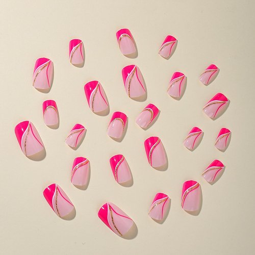 Pink Press on Nails Short Square Fake Nails French Tip False Nails with Gold Glitter Line Designs Glossy Glue on Nails Full Cover Acrylic Stick on Nails Hot Pink Artificial Nails for Women Manicure
