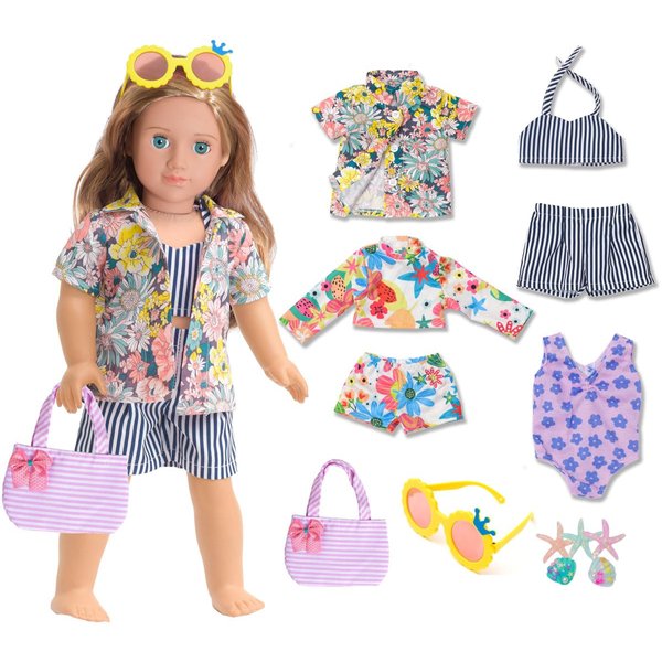 sweet dolly Fashion 18 Inch Doll Clothes Accessories Summer Beach Play Set, Fashion Shirt, Bikini Swimsuit and Handbag Set Fits 18 Inch Dolls (Doll Not Included)