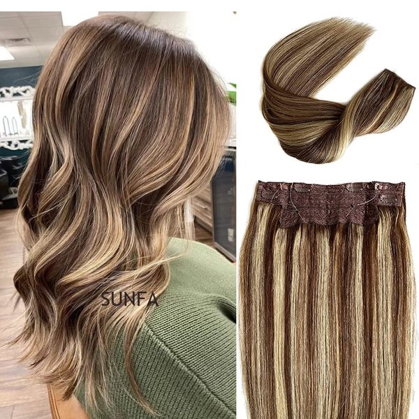 Blonde Wire Hair Extensions,Wire Hair Extensions, Fish Line Hair Extensions, #4P613 Ombre Balayage Chocolate Brown to Bleach Blonde Highlighted 16Inch 80g Silky Straight Hairpiece Flip in Hair