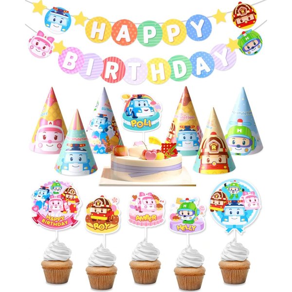 Robocar Poli, Birthday Party Supplies [2-PACK] Happy Birthday Banner Garland, Cake Cupcake Toppers, Cone Hats Set for Boy Girl Kids Party Decorations