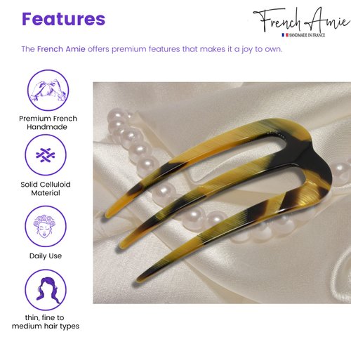 French Amie Tri Prongs 3" Medium Handmade Cellulose French Twist Stick Clip Pins 3-Prong Hair Fork for Girls Spiral Up-do Chignon Bun Holder Flexible Durable Styling Women Hair Accessories, Made in