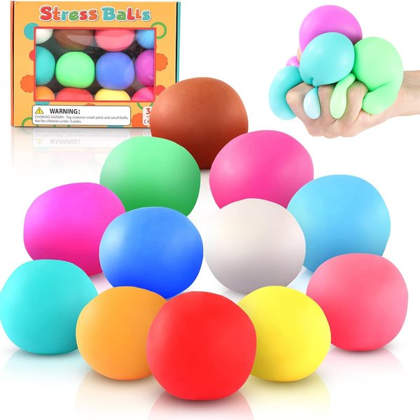 Squishy Stress Balls 12 Pack for Kids & Adults Super Soft Slow Rising Balls, Squeeze Ball Stretchy Fidget Ball for Autism Sensory Fidget Toys for Toddler, Gifts Christmas Stocking Stuffers for Kids