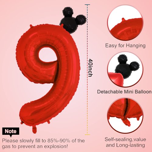 40 inch Red Number 9 Balloon & Mini Mouse Head Balloon, 9th Birthday Party Decoration Balloons, Cartoon Mouse Birthday Party Supplies Baby Shower Decoration, Red Black Theme Party Decorations Supplies