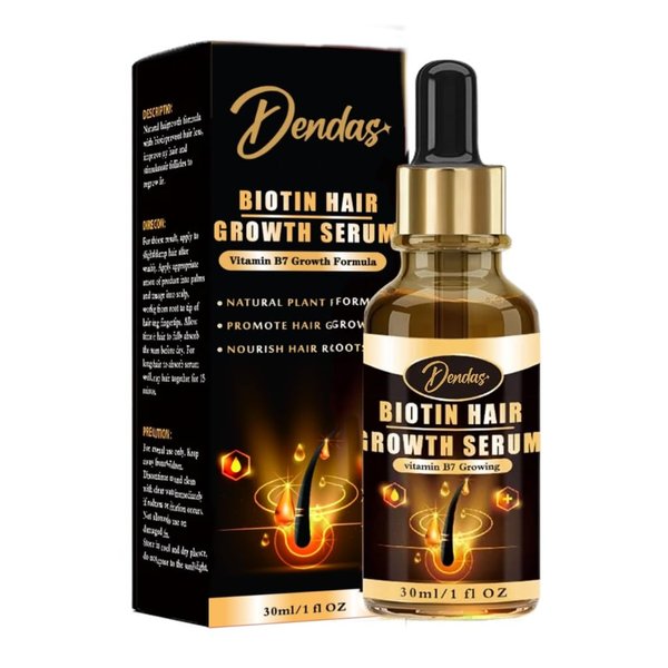 Dendas Biotin Hair Growth Serum - Anti-Hair Loss Essential Oil Treatment, Prevents Thinning, Repairs Dry & Frizzy Hair, Promotes Fast Hair Growth, 1 fl oz (30ml) Unisex, Black/gold