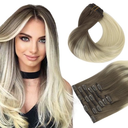 HOTBANANA Human Hair Clip in Hair Extensions, Ombre Sandy Brown to Platinum Blonde 120g Clip in Hair Extensions Real Human Hair Straight Remy Hair Clip in Hair Extensions 22 Inch 7pcs