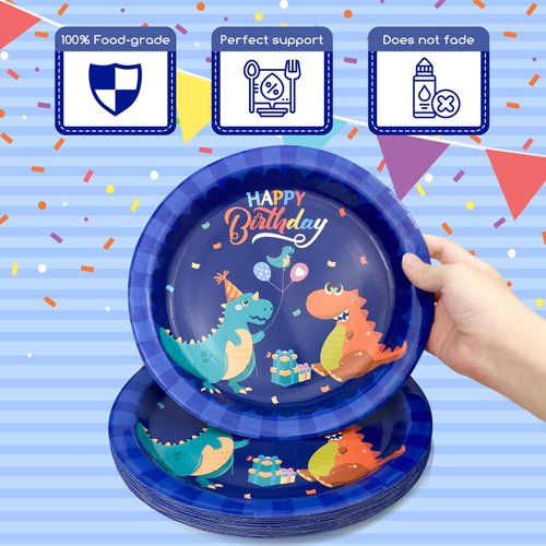 MIG4U 120PCS Dinosaur Plates for Birthday Party Decorations, 24 Dinosaur Paper Plates and Napkins Sets with Cups & Straws for Boy and Girl, Dino Kids Party Supplies Blue