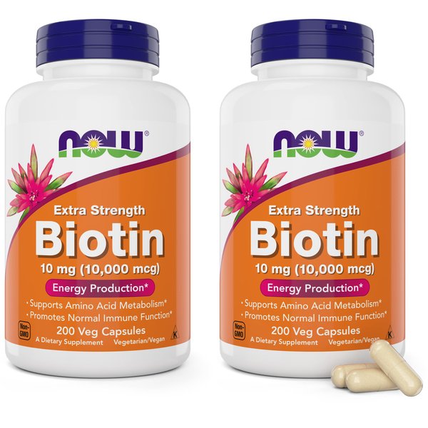 NOW Foods Extra Strength Biotin 10000mcg / 10 mg - 200 Veg Capsules (Pack of 2) - Hair, Skin, Nail - Supplement for Men and Women - B7 Vitamin - Vegetarian, Vegan, Non-GMO