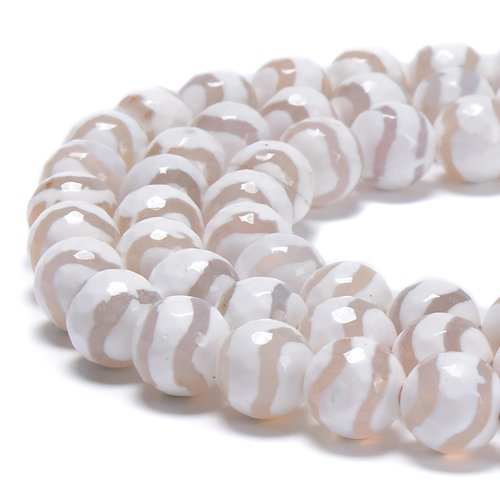 White Tibetan Agate with Wavy Stripe Faceted Round 8mm 15.5" Strand