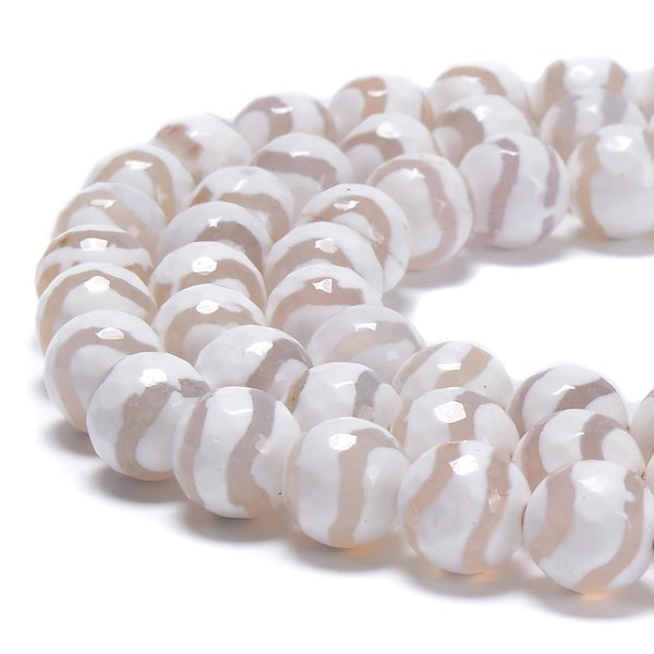 White Tibetan Agate with Wavy Stripe Faceted Round 8mm 15.5" Strand