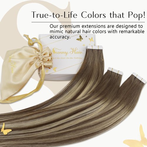 Hair Tape in Extensions Human Hair Ombre Blonde Sunny Tape in Real Human Hair Extensions Medium Brown Ombre Platinum Blonde Balayage Tape in Remy Hair Extensions Ombre Blonde 20pcs 50g 14inch