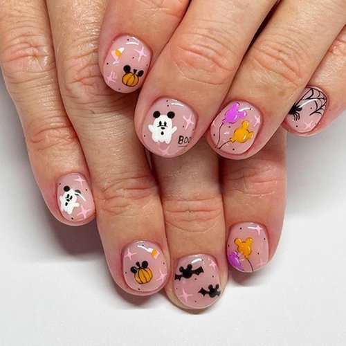 24 Pcs Halloween Press on Nails Short Square - YEFIUO Pink Cute Fake Nails Press ons Nail Tip Full Cover False Nails with Bear Bat Spider Web Designs Glue on Nails Kit Acrylic Nail Art DIY for Women