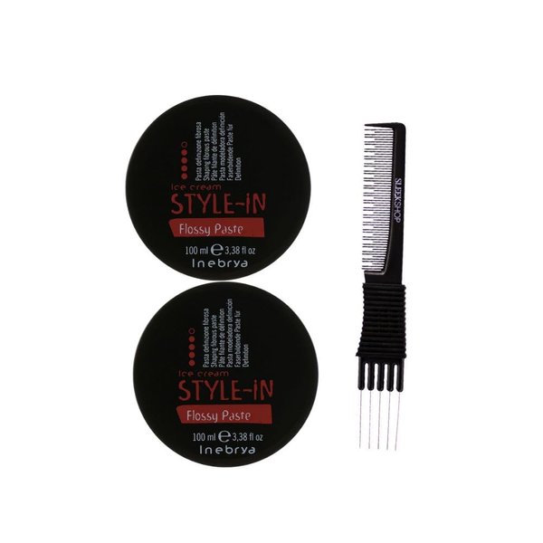 kuss Inebrya Ice Cream Style-In Flossy Paste (3.38 oz) with Teasing Comb Pack of 2, Black