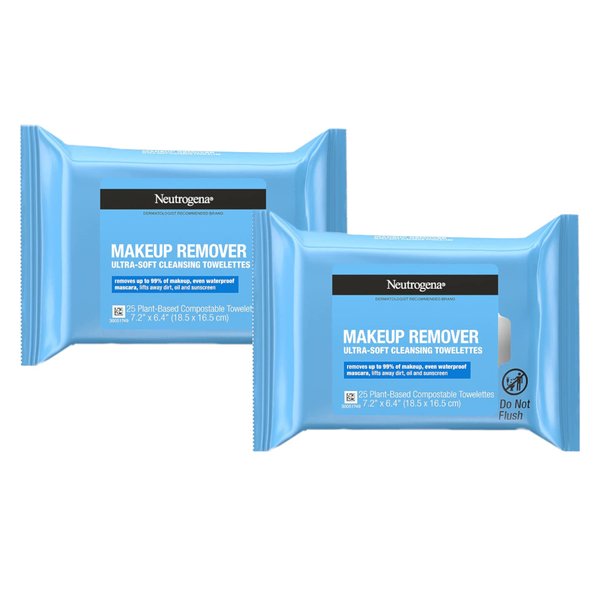 Neutrogena Makeup Remover Cleansing Towelettes, Daily Face Wipes to Remove Dirt, Oil, Makeup & Waterproof Mascara, 25 ct. (Pack of 2)