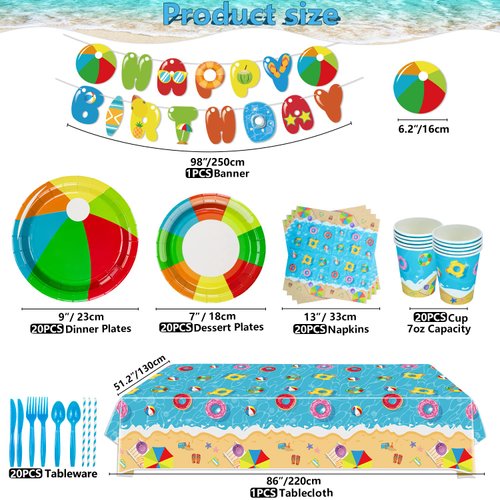 Beach Party Decorations - Pool Party Supplies Includes Plates, Cups, Napkins, Tableware, Tablecloth, Banner for Hawaiian Pool Birthday Party Favors - Serve 20