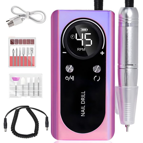 Electric 45000RPM Nail Drill Machine Rechargeable Portable Nail File Electric DIY Nail Drill Kit with Smart LCD Screen for Gel Nail Manicure and Pedicure Reflective Body etc(DAZZLE)