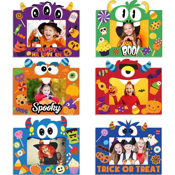 Funrous 48 Pcs Picture Frame Craft Kits Halloween Paper Cartoon Theme Photo Frame DIY Art Craft Kits for Kindergarten Preschool Kids with Stickers for Party Favor Home Classroom Decoration Supplies
