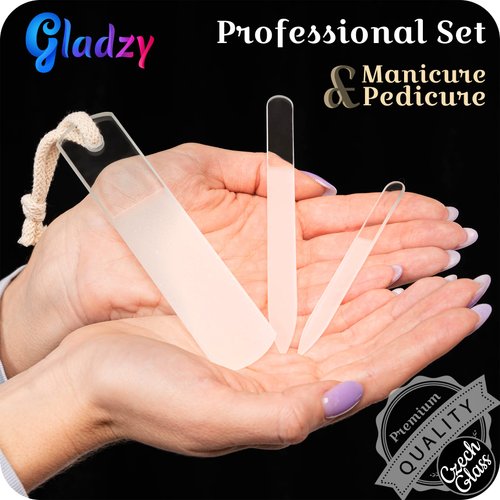 Glass Nail File Set by GLADZY - Czech Glass Nail Files for Natural Nails, Double Sided Different Grit Surface, Callus Remover Foot Rasp, Professional Manicure & Pedicure Tools, Nail Shaper, Made in EU