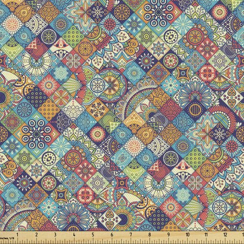 Ambesonne Bohemian Fabric by The Yard, Geometric Pattern Ornamental Floral Folk Art Abstract, Decorative Fabric for Upholstery and Home Accents, 2 Yards, Blue Cream