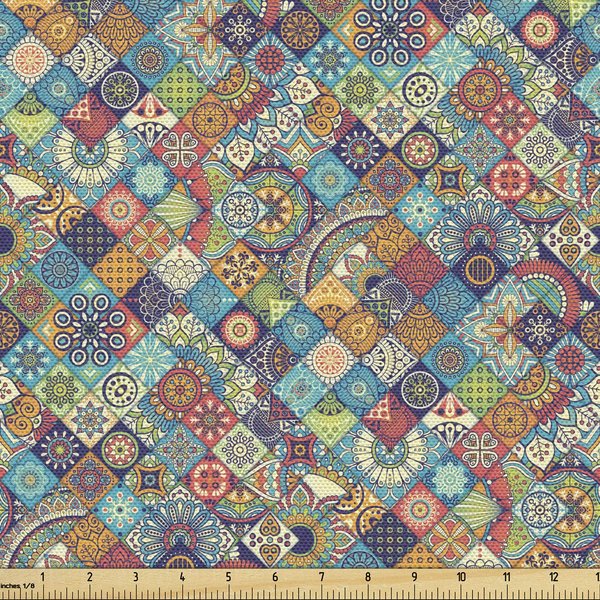 Ambesonne Bohemian Fabric by The Yard, Geometric Pattern Ornamental Floral Folk Art Abstract, Decorative Fabric for Upholstery and Home Accents, 2 Yards, Blue Cream