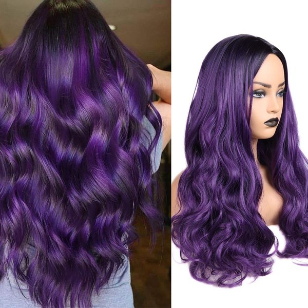 Fancy Hair Ombre Wig Purple Wigs Long Curly Wavy Hair Wigs Heat Resistant 2 Tones Dark Roots Synthetic Wigs for Black Women Daily Party Cosplay