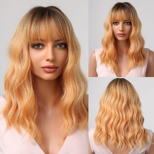 INSGOGO Short Bob Brown to Blonde Wigs for Women with Bangs Heat Resistant Synthetic Wig for Black Women 14 Inch Natural Body Wave Wigs 150 Density Colored Wig for Party Daily