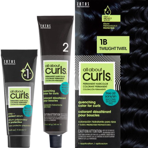 All About Curls 1B Twilight Twirl Permanent Hair Color (Prep + Protect Serum & Hair Dye for Curly Hair) - 100% Grey Coverage, Nourished & Radiant Curls