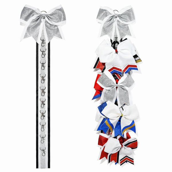 Cheer Bow Holder Glitter Hair Bow for Girls Rhinestones Bling Backpack Bows School Senior Silver Cheer Stuff Bow Accessories for Teen Softball football Cheerleader Sports