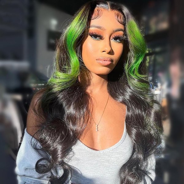 JYZ Skunk Stripe Wig Human Hair Lace Front Green Highlights Wig Human Hair Wavy 13X4 HD Lace Front Wigs Human Hair 200% Density Highlight Wigs Human Hair Pre Plucked with Baby Hair 20inch Middle Part