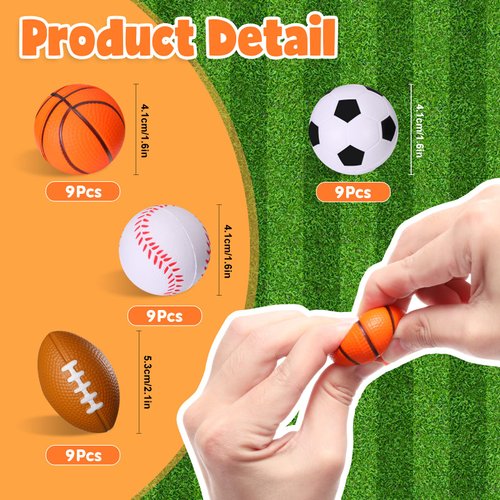 WELLVO Sports Party Favors 36 Pack Sports Stress Relief Toys Goodie Bags Stuffers Mini Foam Fidget Toys for Stress Anxiety Relief Classroom Prizes Kids Return Gifts Birthday Party Favors Toys