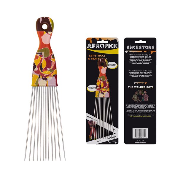 Afropick Metal Black Hair Pick for Natural Curly Long Thick Hair- Afro Pick Comb for Men, Women- African Artist Designs IMPROVED 2.0 (Ancestors)