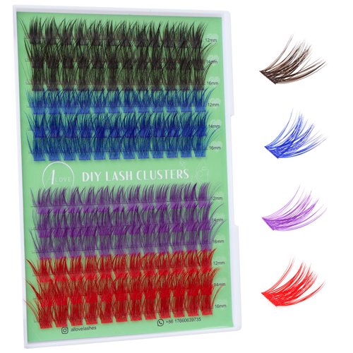 ALLOVE Colored Lash Clusters Individual Lashes Natural DIY Lash Extensions Brown-Blue-Purple-Red 0.07mm D Curl 10-16mm Color Cluster Eyelash Extensions for Self Application at Home