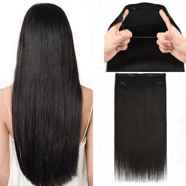 Wire Hair Extensions with Invisible Fish Line Wire Extensions Human Hair Fish Wire Hair Extension Natural Black for Women #1b Fish Wire Human Hair Extensions Fish Wire Hair 80g 14 Inch