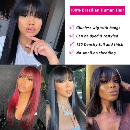 REMY HAIR Bang Wigs 100% Human Hair Wig with Bangs 22 Inch Glueless Machine Made Wigs Unprocessed Brazilian Virgin Human Hair Wigs for Women Natural Color