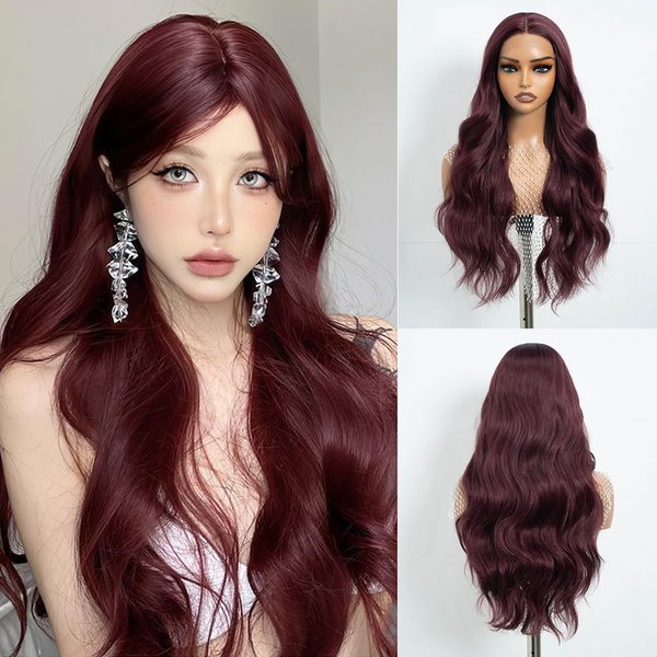 REBECCA STYLE Long Purplish Red Wavy Wigs for Women 28 Inch Middle Part Curly Wavy Wig Natural Looking Long Wave Synthetic Lace Front Wigs Glueless Heat Resistant for Girls Daily Party