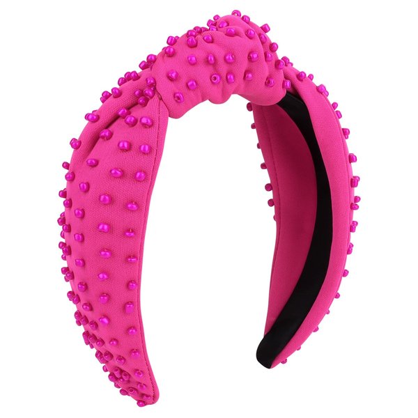 Ondder Hot Pink Pearl Knotted Headband Top Knot Headbands for Women Cloth Head Bands for Women’s Hair Wide Knotted Headbands for Women Girls Non Slip Fashion Womens Headbands