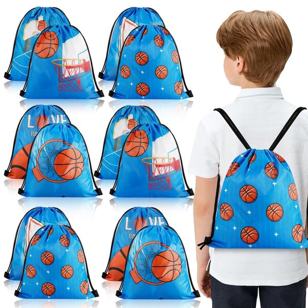 PLMMOUT 12Pcs Basketball Drawstring Bags,Basketball Party Favors Goodie Bags,Basketball Backpacks Gift Bags for Sports Party Supplies(Blue)