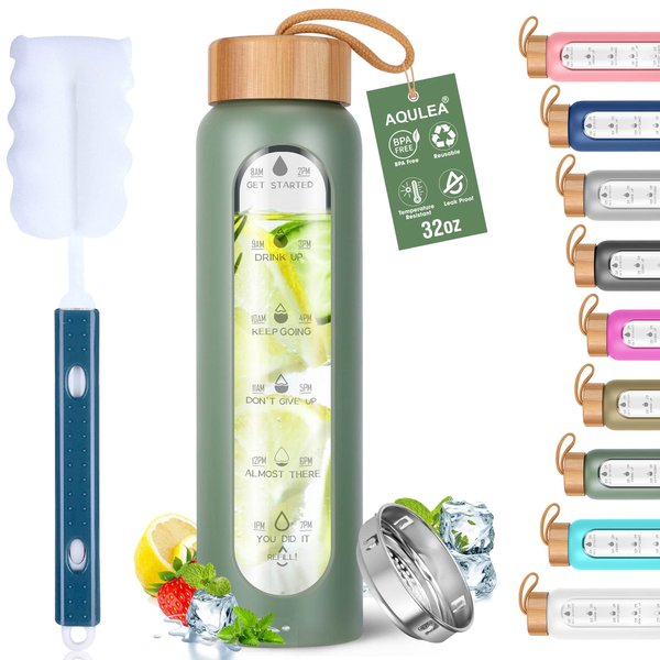 Aqulea 32 Oz Borosilicate Glass Water Bottle with Times to Drink - Reusable Wide Mouth BPA Free Glass Motivational Water Bottles with Infuser & Silicone Sleeve - Water Bottle with Time Marker
