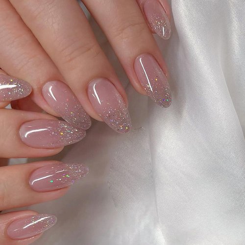 MISUD Short Round Press on Nails Oval Fake Nails Glossy Glue on Nails Pink Gel Acrylic Nails Elegant Artificial Nails Bling Glitter Stick on False Nails with Design 24 pcs
