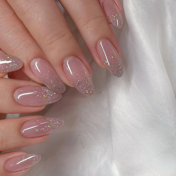 MISUD Short Round Press on Nails Oval Fake Nails Glossy Glue on Nails Pink Gel Acrylic Nails Elegant Artificial Nails Bling Glitter Stick on False Nails with Design 24 pcs