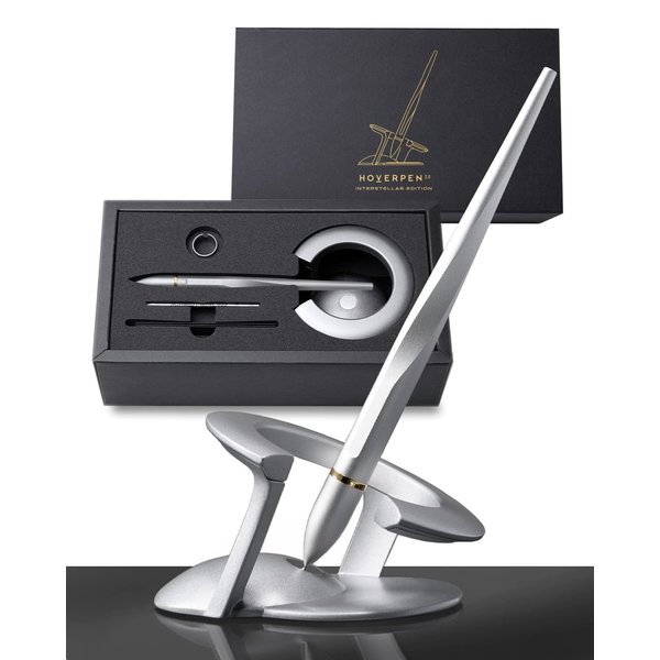 novium Hoverpen Interstellar Edition - Luxury Pen Made With Aerospace Alloys, Unique Aesthetic, Free Spinning Executive Pen, Desk Decor, Best Boss Gifts for Women (Starlight Silver, 18K-Gold)