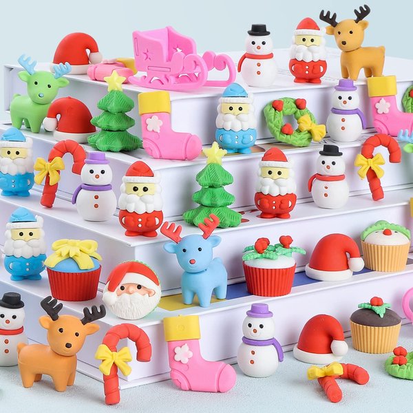 Kleeblatt 45 PCS Christmas Erasers 3D Assemblable Erasers- Santa Claus,Reindeer, Snowman, Christmas Tree Creative Eraser Christmas Gifts for Children