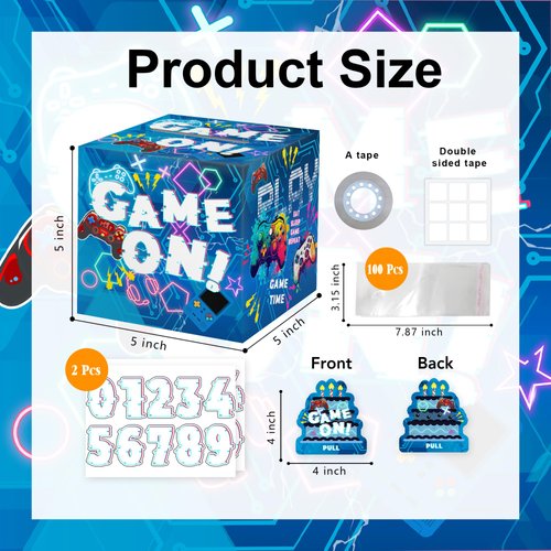 Misaidou Blue Video Game Birthday Money Gift Box with DIY Stickers for Any Age, Surprise Money Boxes for Cash Gift with Pull Out Happy Birthday Day Card and 100Pcs Transparent Bags for Boys Girls