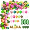 Hawaiian Luau Party Decoration Tropical Aloha Luau Balloons Arch Garland Kit Summer Beach Pool Party Supplies with Coconut Tree Shaped Balloon Set Table Skirt Cake Topper Palm Leaves and Hibiscus