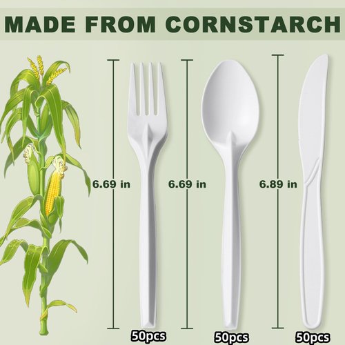 150 Pcs compostable utensils set Eco-friendly Heavy Duty Utensils (50 Forks, 50 Spoons, 50 Knives) Compostable Cutlery Set Biodegradable Utensils disposable silverware for party BBQ, Picnic Daily Use