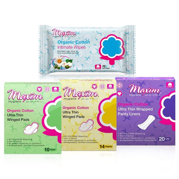 Maxim Organic Cotton Sanitary Pads for Women Combo Pack, Regular Menstrual Pads with Wings, Super Pad with Wings, Wrapped Lite Panty Liners, Intimate Wipes for Women